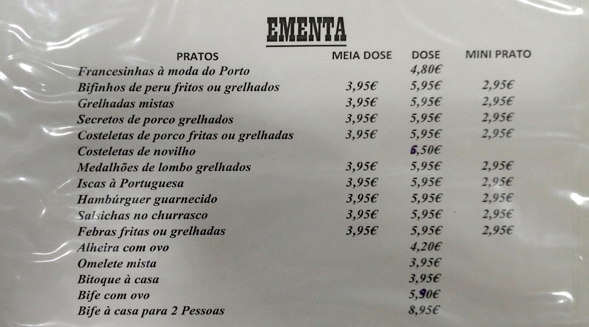 Menu restaurant portugais avec dose - demi-dose et mini-dose
